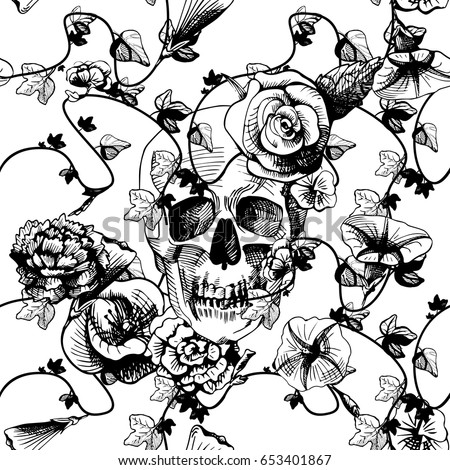 Vector Illustration Skull Surrounded Covered Plants Stock Vector