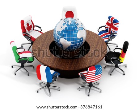 G Country Flags On Office Chairs Around Table Wth Globe Isolated On White Background G Country Flags On Office Chairs Around Table Wth Globe Isolated On White Background