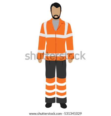 Vector illustration worker in orange safety jacket. Worker safety clothing. Protective worker uniform jacket with reflective stripes.