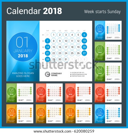 Desk Calendar for 2018 Year. Vector Design Print Template. Week Starts on Sunday. Calendar Grid with Week Numbers