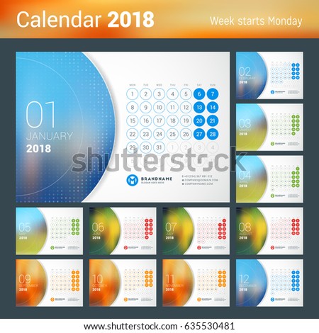 January 2018. Desk Calendar for 2018 Year. Vector Design Print Template with Place for Photo. Week Starts on Monday