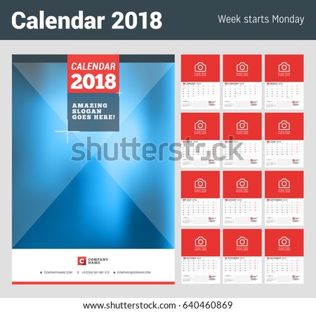 Wall Calendar Planner for 2018 Year. Set of 12 Months. Vector Print Template with Place for Photo. Week Starts on Monday. 2 Months on Page