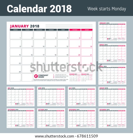 Calendar Template for 2018 Year. Business Planner. Stationery Design. Week starts on Monday. Set of 12 Months Vector Illustration