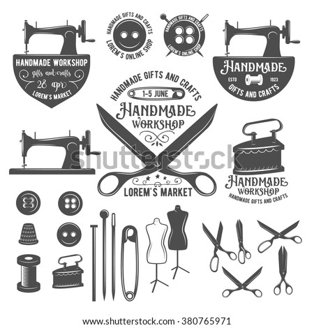 Set of vintage sewing labels, badges, design elements and emblems. Tailor shop old-style logo