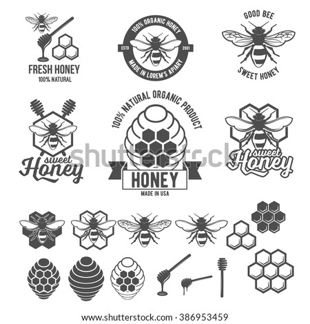 Set of vintage honey labels, badges, logotypes and design elements. Apiary logo template