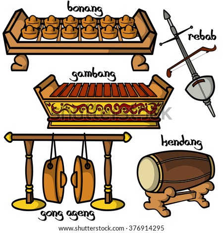 Set of hand drawn traditional Indonesian musical instruments. Elements 