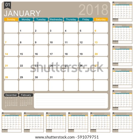 Calendar 2018 / English calendar template for year 2018, set of 12 months, week starts on Sunday, printable calendar templates