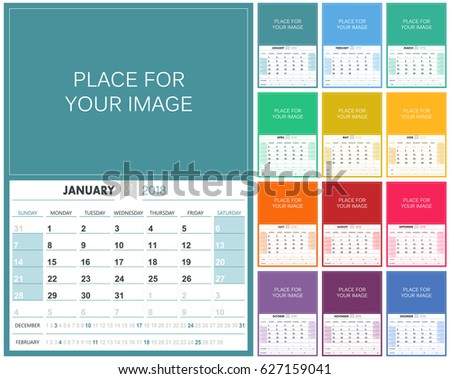 English planning calendar 2018, week starts on Sunday, colorful calendar template with place for your image, vector illustration