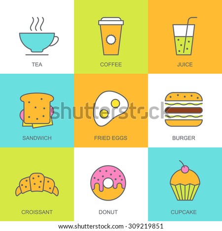 Set Of Vector Flat Food Illustration Breakfast Multicolor Icons Tea Coffee Juice Set Of Vector Flat Food Illustration Breakfast Multicolor Icons Tea Coffee Juice