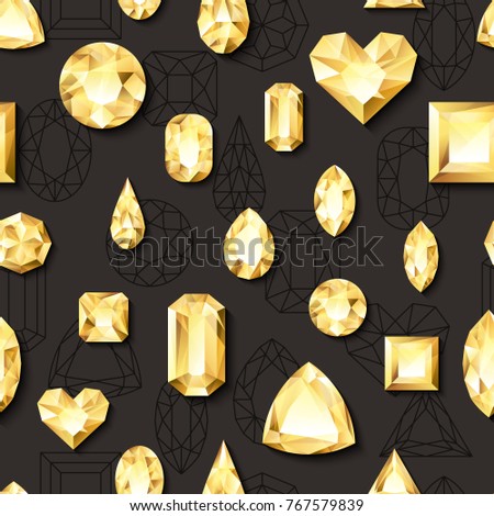 Vector seamless black glossy background with 3d golden gems, jewels. Gold shiny diamonds with different cuts. Luxury texture for holiday gift and jewelry shop.