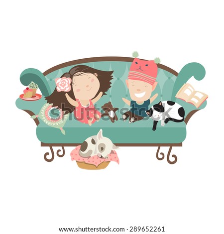 Happy Kids Sitting On Couch Vector Stock Vector 289652261 - Shutterstock