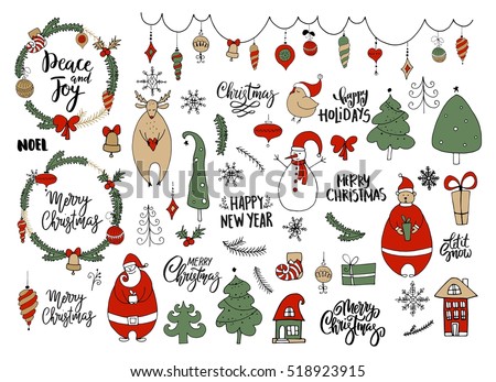 Set of Christmas and New Year doodle holiday characters and elements: Santa, bear, snowman, noel, gift, balls, bell, snowflakes, garland, wreaths, lettering. Funny cute design.