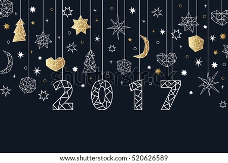 New Year 2017 geometric style background. Holiday composition with star, heart, moon, ball, noel. Greeting card, invitation, flyer, banner.
