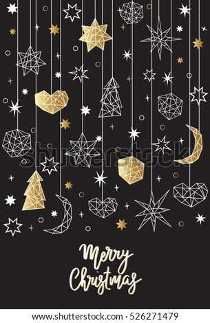 Merry Christmas and Happy New Year card template in geometric style. Holiday composition with star, heart, moon, ball, noel. Greeting card, invitation, flyer, banner, background.