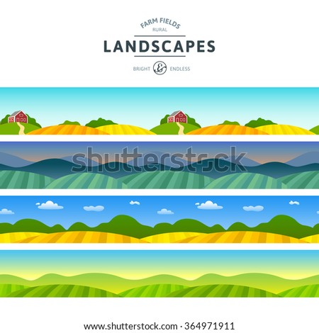 Set of Farm Fields Landscapes. Rural Horizontal Views. Agriculture in Village Illustrations for Banners and Packaging.