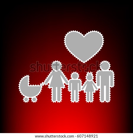 Family sign with heart. Husband and wife are kept children's hands. Postage stam or old photo style on red-black gradient background.