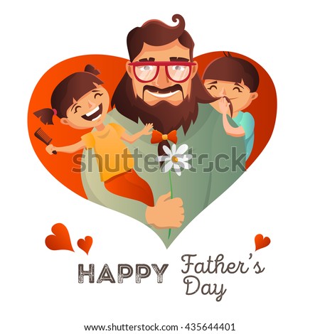 Father's Day vector concept. Illustration with happy family: father, daughter and son. Hipster man with his children. Family love greeting card.