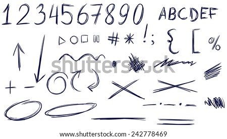 Set of numbers, letters, punctuation marks, arrows, highlighting ...