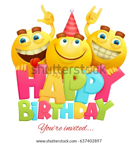 Happy Birthday Invitation Card Template Three Stock Vector 637402897 Shutterstock Emoji Birthday Card Template