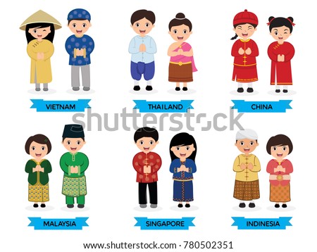 Kids Asian Traditional Costume Vietnam Thailand Stock 