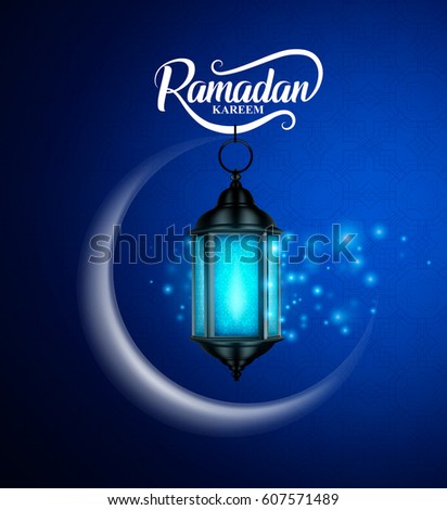 Ramadan kareem vector greetings design with lantern or fanoos hanging in crescent moon with lights in blue pattern background. Vector illustration.