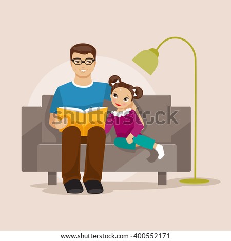 Father and daughter sitting on the couch and read a book. Pope Day