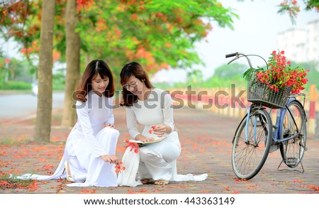 Two girls in Vietnamese's traditional costumes - Long-dress (the Ao dai - Vietnamese) - and Royal Poinciana road (Delonix Regia). The charming beauty of Vietnam women.