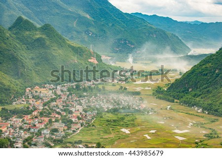 The beauty and landscape MaiChau valley, Hoa Binh province,Vietnam in fog.This is one of the very famous place of rice agriculture, a peaceful valley, a tourist destination, explore, 150km from Hanoi.