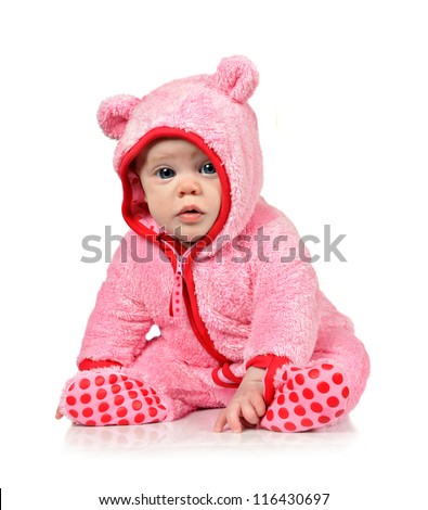 Cute Little Baby Girl In Fun Clothes On A White Background