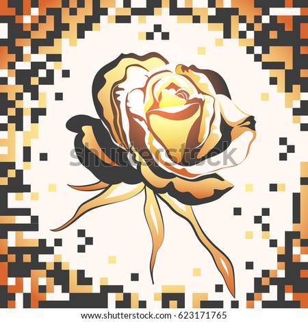 Flower of golden rose closeup on a pixel background.Card or banner with bud of rose.Vector illustration.