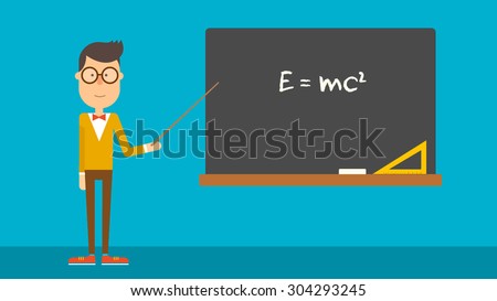 School physics teacher shows of formula on blackboard. Flat design. Vector illustration.