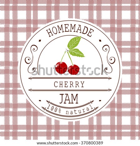 stock vector jam label design template for cherry dessert product with hand drawn sketched fruit and background 370800389