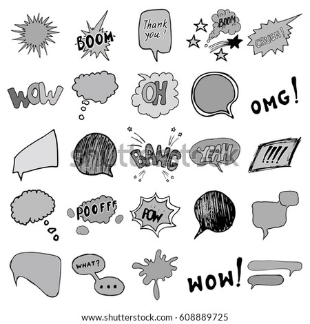stock vector comic book speech bubbles and cartoon sound effects set hand drawn pop art style signs vector 608889725