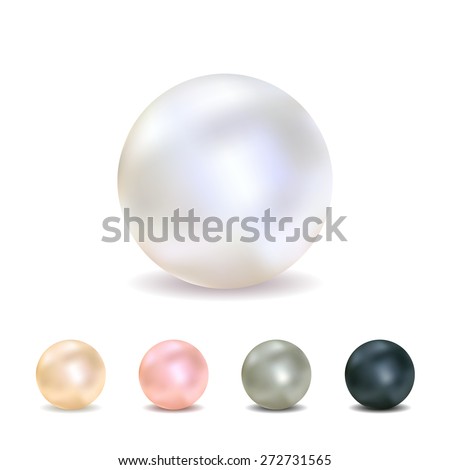 Vector illustration - set of realistic pearls (white, peach, pink, gray, black), isolated on a white background.