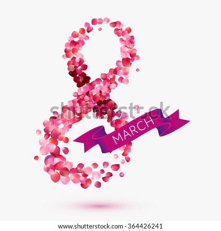 Greeting card with pink rose petals and ribbon. 8 march - woman's day