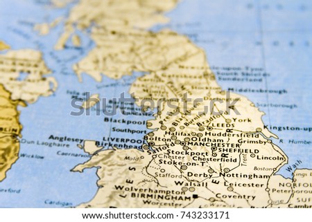 close up macro of map of uk with focus on manchester