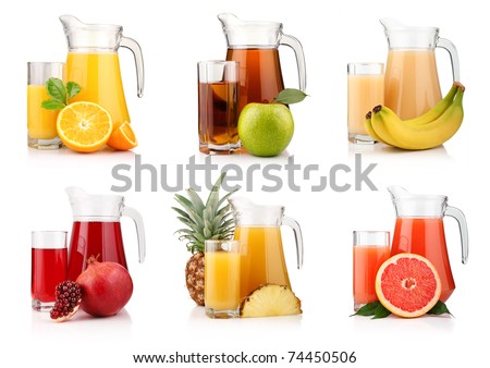 Set of jugs and glasses with tropical fruit juices isolated on white background