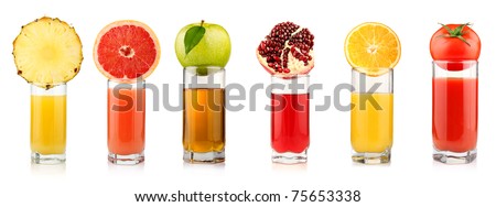 Set of tropical fruit juices in glasses isolated on white background