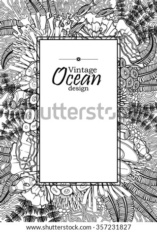 Vintage Graphic Card With Ocean Flora And Fauna Square Frame Fish Seashells