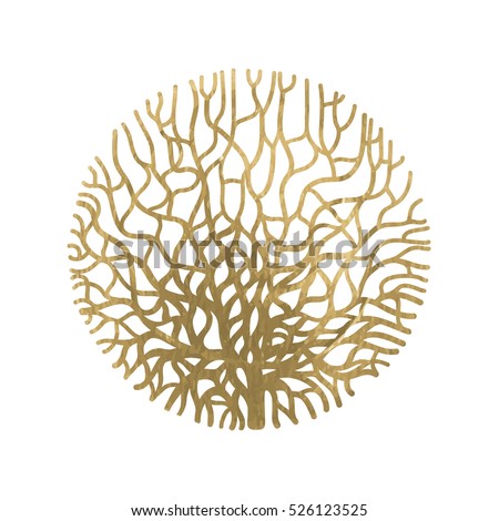 Graphic coral circle painted with gold acrylic texture. Tattoo art or t-shirt design isolated on white background