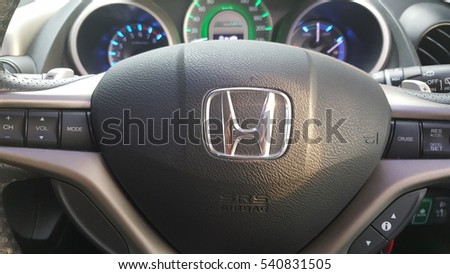 JOHOR, MALAYSIA, DECEMBER 22, 2016 : View of HONDA steering and meter. Focus on HONDA logo