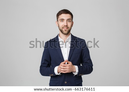 Business Concept - Portrait Handsome Business man holding hands with confident face. White Background.