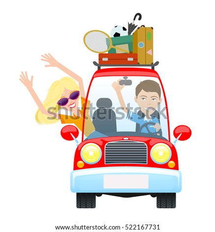 Man Woman Driving Red Car Happy Stock Vector 522167731 - Shutterstock