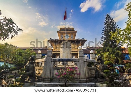 SAIGON, VIETNAM - JULY 05, 2016 - Front entrance the old traditional market of Cho Binh Tay in the Chinatown district of Ho Chi Minh Ville, (Saigon), Vietnam.