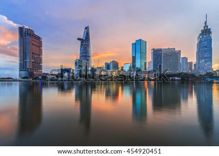 SAIGON, VIETNAM - JULY 09, 2016: Development of district 1, Ho Chi Minh City with many modern buildings and offices