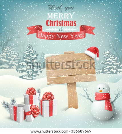 Winter Christmas Background with Wooden Signpost Snowman and Gift Boxes