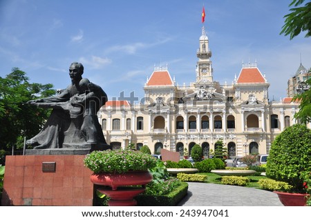Statue of Ho Chi Minh and People's Committee Building in Ho Chi Minh City, Vietnam.