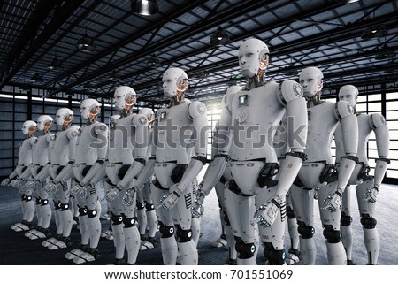 3d rendering robot army or group of cyborgs in factory