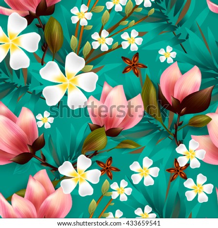 Seamless floral pattern with tropical flowers.Lilly, calla and alstroemeria seamless pattern.