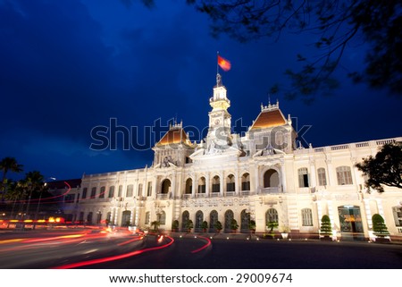 The People's Committee building, also named Hotel de Ville, located in Saigon, Ho Chi Minh city, in dusk.